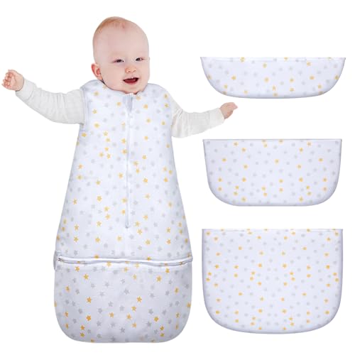 Lictin Schlafsack Baby Winter Baumwolle 2.5 TOG, Winterschlafsack Baby mit 3 abnehmbaren Böden, Babyschlafsack Verstellbarer Länge, Schlafsack Baby für 6-24 Monaten, Schlafsack Kinder Weißer Stern