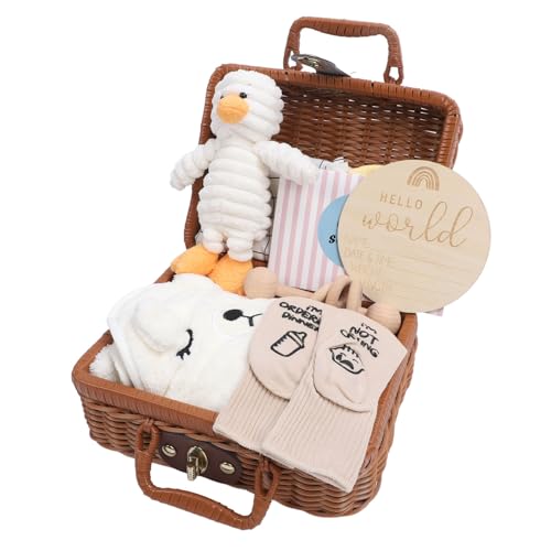 Babyparty-Geschenke, Baby-Geschenkkorb mit Kleidung, Puppe, Rassel, Spielzeug, Lätzchen, Socken, Grußkarte (WHITE)