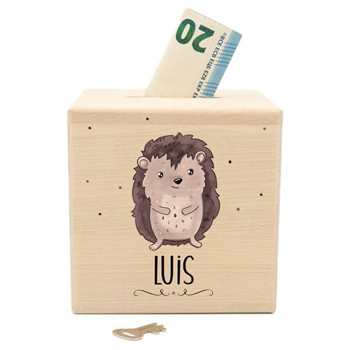 Muckelmeister Spardose Kinder Personalisiert mit Namen aus Holz - 10x10x10cm - Spardose mit Schloss und Schlüssel - Nikolaus Geschenke Kinder Weihnachten - originelle Geschenke zur Geburt - Igel