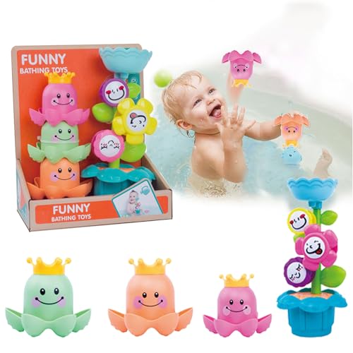 Kinder Badewannenspielzeug mit Saugnapf - BlüTenblätter Können Rotieren Lustiges Badespielzeug Set 3 Farbige Oktopus Stapelbecher BPA Frei Baby Badespielzeug ab 3 Jahre