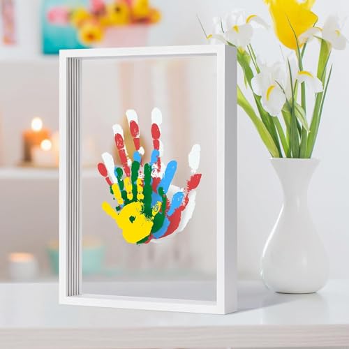 FONNYXK Familien-Handabdruck-Set, handgefertigtes Andenken, Holzrahmen, Familiengeschenk, Geschenk für werdende Eltern, inklusive 4 ungiftigen Farben (weiß)