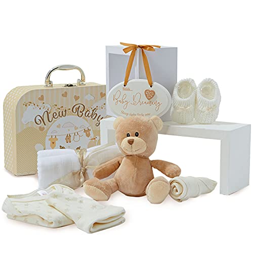 Baby Box Shop Babyparty Geschenk Neutral - 9 Gender Reveal Geschenk, Babybox, Baby Geschenkkorb, Neugeborene Geschenkset, Baby Shower Gifts Geschenksets für Babys, Baby Shower Geschenke - Crème
