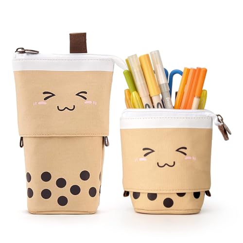 KOSTACHI Cute Cartoon Cat Stand up Pencil, Cat Pencil Case für Mädchen, große leichte Canvas Halter für Kinder Studenten Erwachsene Mädchen Jungen Geschenke, Brown & Dot