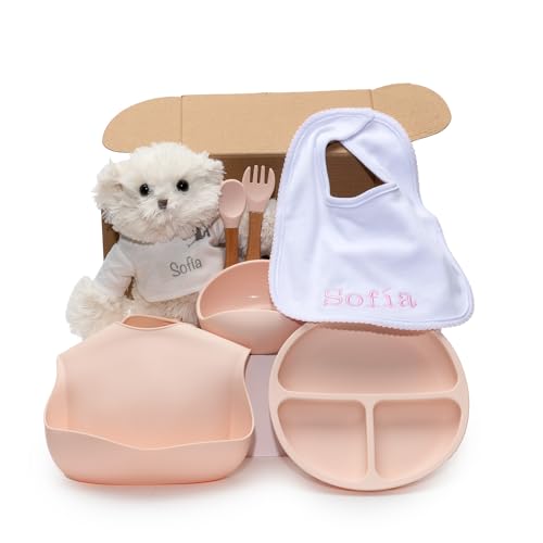 BebeDeParis Umweltfreundliches Geschenk für Babys, rosa Silikongeschirr + besticktes Lätzchen und Teddybär mit Namen (Rosa)