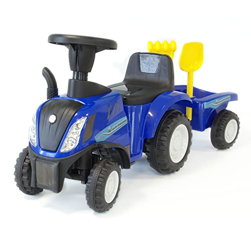Rutschauto Traktor New Holland ab 1 Jahr | Kinderauto mit Anhänger | Rutschfahrzeug mit Schaufel und Rechen | Kinderfahrzeug in blau | Rutscher mit Soundtasten und Licht | Lizenziertes Kinderspielzeug