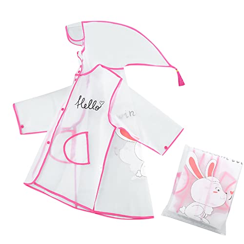 BIISDOST Kinder Regenmantel Junge Mädchen Cartoon Kaninchen Muster Eva Transparent Poncho Mit Hut Mode Transparent Überzieher Baby (Pink, 4-5 Years)