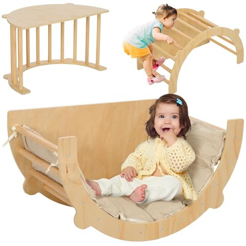 AIYAPLAY 3 in 1 Klettergerüst Set mit Tischplatte Kissen, Kletterbogen zum Schaukeln und Klettern, Kletterspielzeug aus Holz, für Kinder 1,5-4 Jahre, Indoor, Naturholz