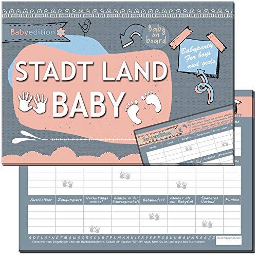Baby Stadt Land Fluss Babyparty Babyshower Spiel Mädchen & Junge Geschenk Spiele-Block zum ausfüllen Geschenkidee