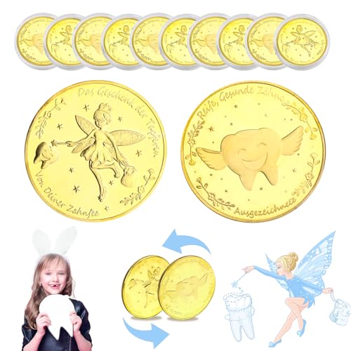 Hopton Zahnfee Geschenk Mädchen Jungen, 10 Stück Zahnfee Münzen, Zahnfee Goldtaler, Gold Goldmünzen Kinder mit Verschiedenen Mustern, Tooth Fairy Coins zum Souvenir Kinder Milchzahnausfalls