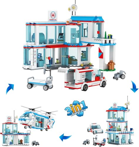QLT QIAOLETONG City Krankenhaus 3 in 1 Baustein Set, kompatibel mit Lego Krankenhaus, inklusive Rettungs Hubschrauber, Anhänger und Trage, STEM Geschenke für 6-12+ Jahre alte Jungen Mädchen