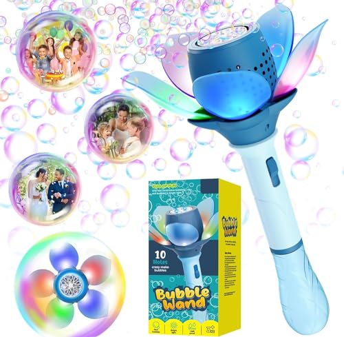 Bombble Elektrisch Seifenblasenspielzeug, Lotosblume Seifenblasenmaschine Kinder 10000+ Seifenblasen/Min mit 120ML Seifenblasenlösung/AKK/LED für Outdoor/Party/Hochzeit, Bubble (Blue)