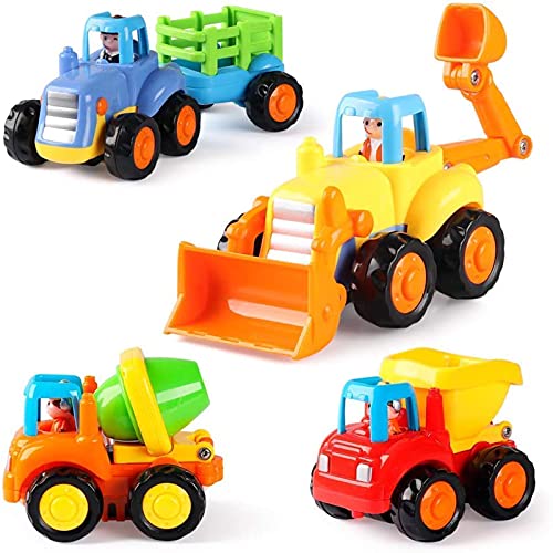 GoStock Baby Spielzeugauto Spielsachen Baufahrzeuge für Kinder 12 18 Monate, Spielzeug Auto für Kleinkind ab 1 2 3 Jahre, 4 in 1 Satz - Traktor, Bulldozer, Kipper, Zementmische