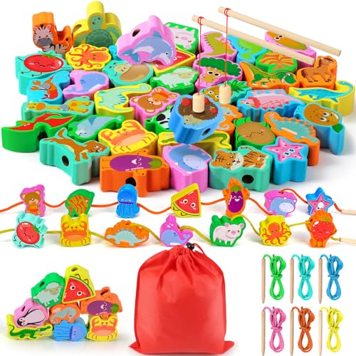 Ophy Holzperlen Einfädeln Spielzeug, Holzspielzeug Fädelspiel Perlen Fädelspiel Spielzeug Montessori Spielzeug