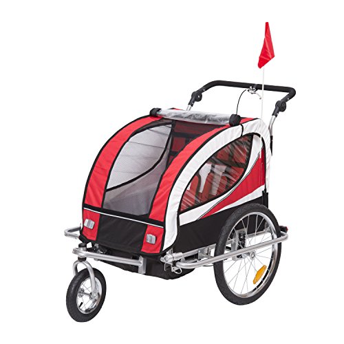 HOMCOM Kinderanhänger 2 in 1 Fahrradanhänger Kinder Jogger Anhänger für 2 Kinder rot-schwarz