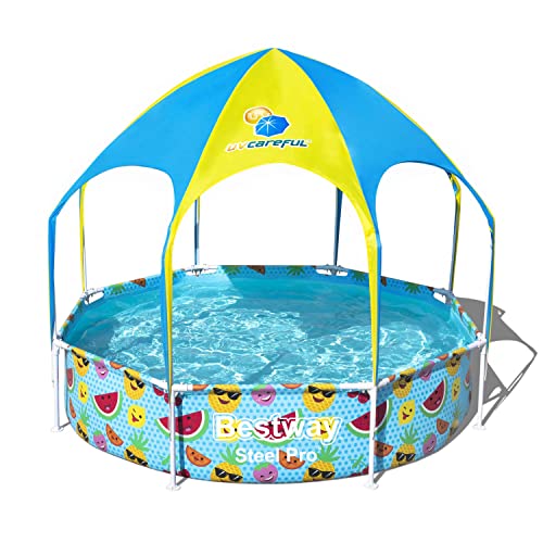 Bestway Steel Pro Frame Pool mit Sonnenschutzdach 'Splash-in-Shade' ohne Pumpe Ø 244 x 51 cm, buntes Obst-Design, rund