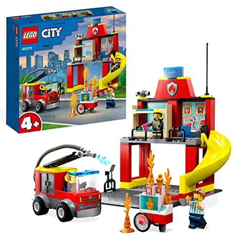 LEGO 60375 City Feuerwehr Feuerwehrstation und Löschauto, Lernspielzeug für Kinder ab 4 Jahren, Geschenk für Jungen und Mädchen, Feuerwehrauto-Spielzeug