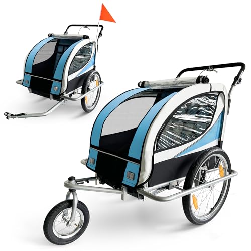 SAMAX Fahrradanhänger Jogger 2in1 360° drehbar Kinderanhänger Kinderfahrradanhänger Transportwagen vollgefederte Hinterachse für 2 Kinder in Blau - Silver Frame