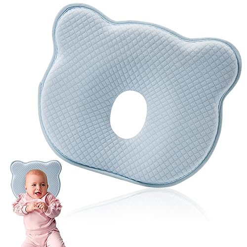 ATSGJLZN Babykissen, Kopfkissen Baby Babykissen Gegen Plattkopf Baby Kissen Kopfverformung 100% Baumwolle, kinderkopfkissen Memory Schaum für 0-12 Monate Neugeborene Blau