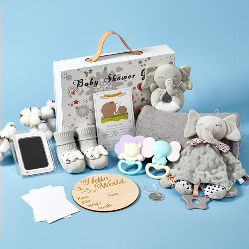 Baby-Geschenke für Jungen und Mädchen – ideales Baby-Geschenk-Set für Neugeborene, Geschenk zum Enthüllen, Elefanten-Babyparty-Geschenkkorb | Deluxe-Elefanten-Dekor, geschlechtsneutrale Babyartikel –