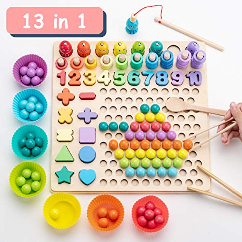 Surplex Holz Montessori Spielzeug Brettspiele Clip Perlen Puzzle, Angelspiel Lernspielzeug Magnetisches Fischspielzeug, Kinder Vorschule Mathe Sortieren Stapeln Anzahl Zählen Lernen für 3+ Jahre alt