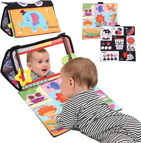 Zawaer Baby Spiegel Spielzeug, Faltbarer Baby Bauchlage Sensorisches Stoffbücher mit Schwarz Weiß Kontrastmuster,Visuelle Auditive Taktile Stimulation Montessori Spielzeug für Neugeborene ab 3 Monate