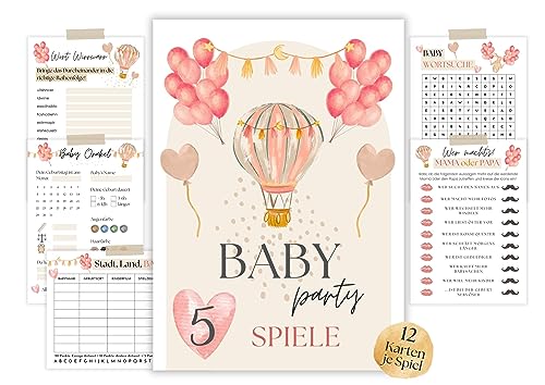 Babyparty Spiele Set Mädchen, 5 lustige Babyshower Spiele (60 Karten), Babyparty Geschenk, Babyshower Spielkarten, Babyparty Ideen, Babyshowerparty