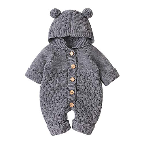 Neugeborene Baby Mädchen Jungen Kleidung Langarm Gestrickt Kapuze Strampler Body Overall Jacke Frühchenkleidung Erstausstattung Babysachen Set Herbst Winter Babykleidung Grau-Haarball 0-6 Monate