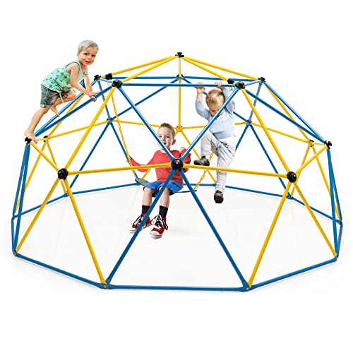 COSTWAY Ø 305cm Kletterkuppel mit Schaukel, Klettergerüst in Kuppelform, Indoor-/Outdoor-Spielgerät, Kletterleiter für Kinder von 3 bis 10 Jahren, ideal für Hinterhof, Garten, 363 kg Belastbar (Gelb)